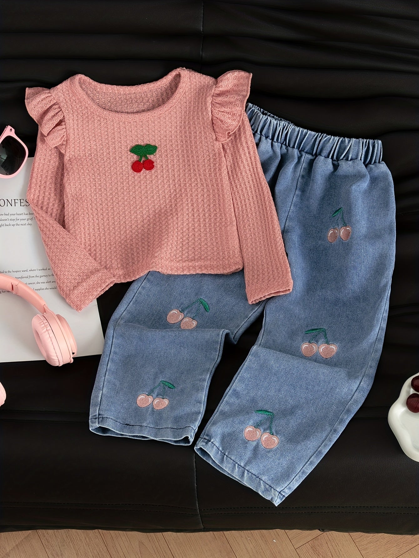 New Spring And Autumn Girls' Cute Ruffled Cherry Long-Sleeved Shirt/Cherry Embroidered Denim Long Pants Set 2pcs Set, for Outdoor