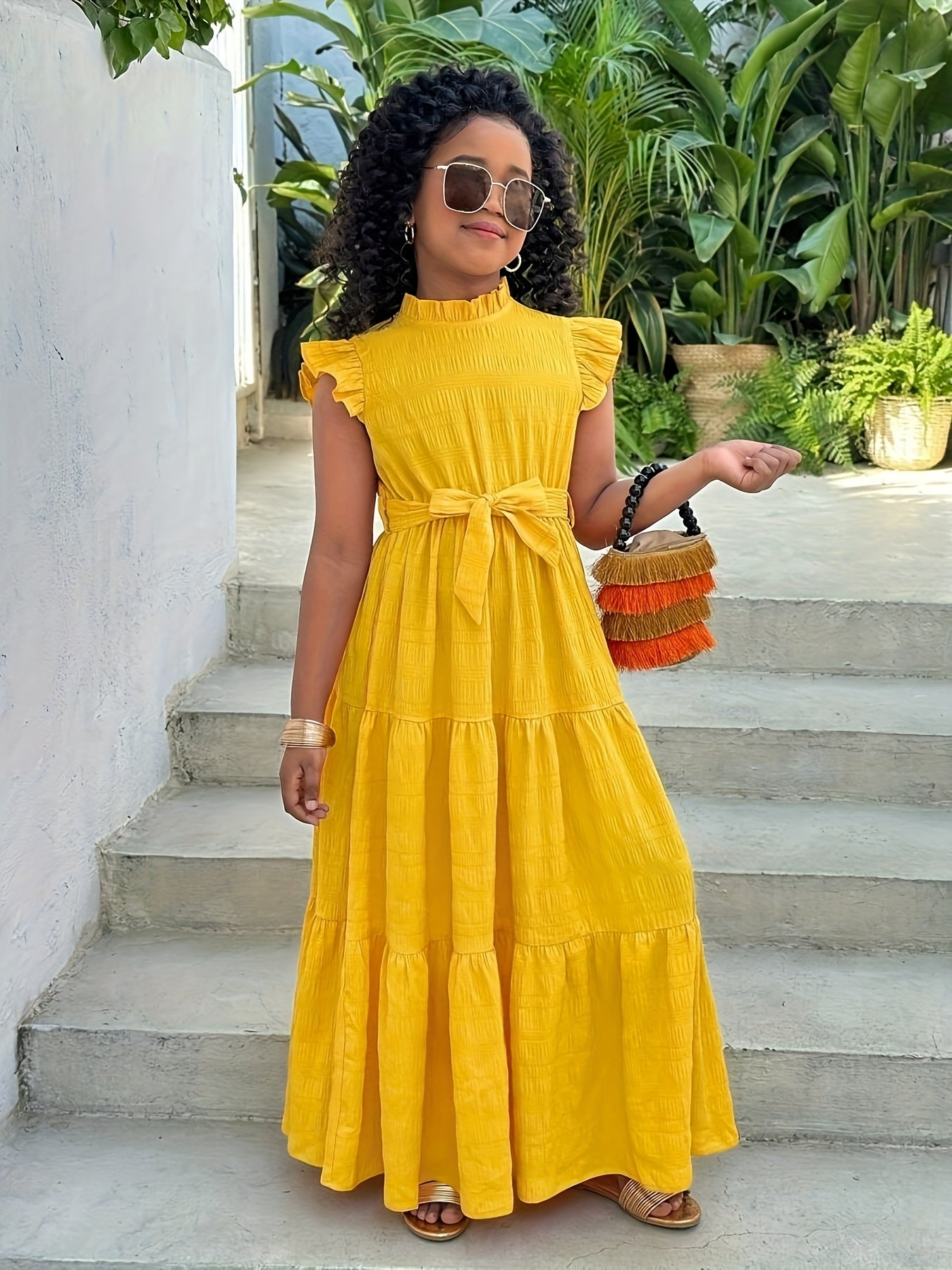 Elegant Long Dress for Teen Girls with Pleated Stand Collar, Ruffled Cap Sleeves, and Belt | Solid Color, Slight Stretch Fabric, Suitable for Casual Outdoor Vacations