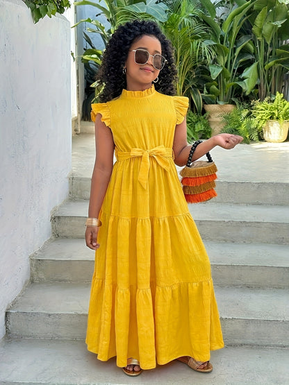 Elegant Long Dress for Teen Girls with Pleated Stand Collar, Ruffled Cap Sleeves, and Belt | Solid Color, Slight Stretch Fabric, Suitable for Casual Outdoor Vacations