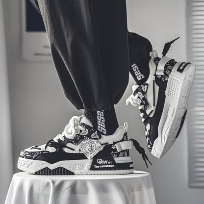 1 Pair Men's & Unisex Low-Top Skate Sneakers - Soft-Soled, Graffiti Camo & Letter Print (TPF/ST) Logo - PU Upper & Cushioned Tread - All-Season Casual Shoes for Skateboarding, College, Commuting - Black/Blue/Green