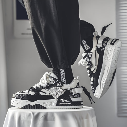 1 Pair Men's & Unisex Low-Top Skate Sneakers - Soft-Soled, Graffiti Camo & Letter Print (TPF/ST) Logo - PU Upper & Cushioned Tread - All-Season Casual Shoes for Skateboarding, College, Commuting - Black/Blue/Green