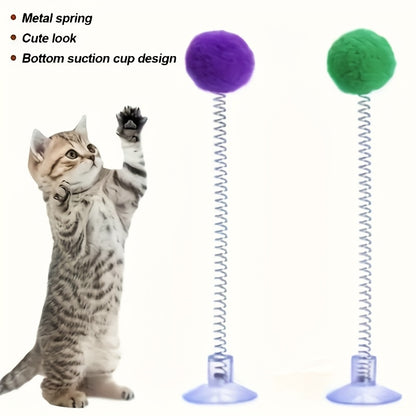 [Spring Wand Cat Toy] 2pcs Set (Spring Wand with Suction Cup Base) - Interactive Cat Toy with Plush Ball, Metal Spring Wand, and Suction Cup Base. Durable Design Stimulates Hunting Instincts and Playful Excitement. Energetic Indoor Toy for Cats | Simulate