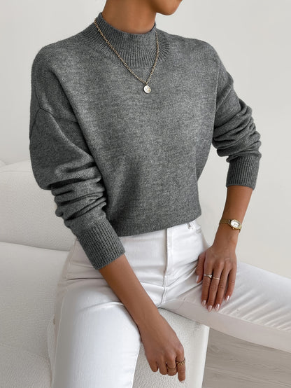 [Solid Color Pullover Sweater] Elegant Mock Neck Long Sleeve Drop Shoulder Women's Solid Color Pullover Sweater