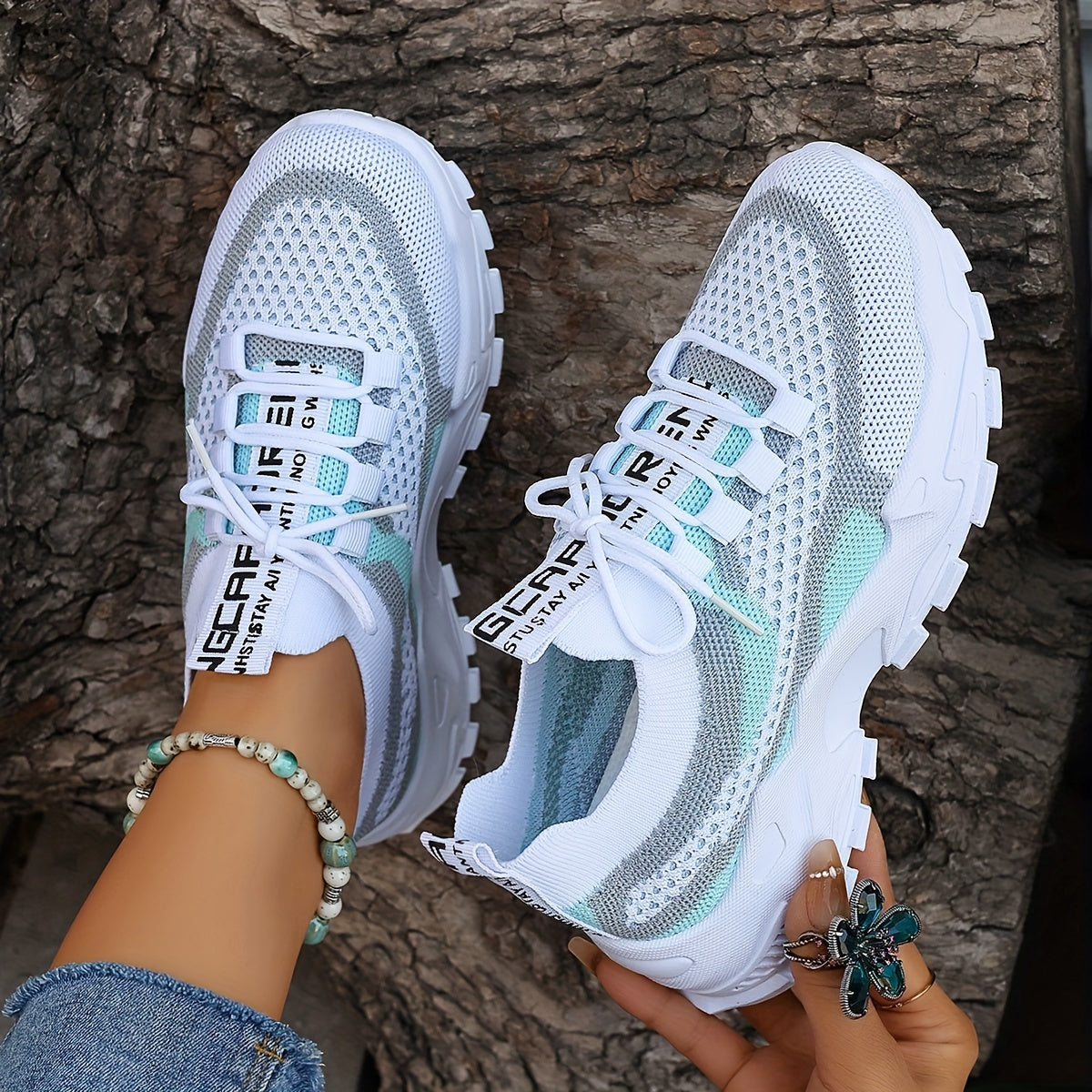 Women'S Color-Blocked Casual Sneakers, Breathable Lace-Up Running Shoes with Flying Woven Design, Stylish Mesh Platform Casual Footwear., Women Shoes