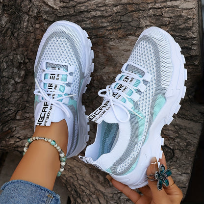 Women'S Color-Blocked Casual Sneakers, Breathable Lace-Up Running Shoes with Flying Woven Design, Stylish Mesh Platform Casual Footwear., Women Shoes