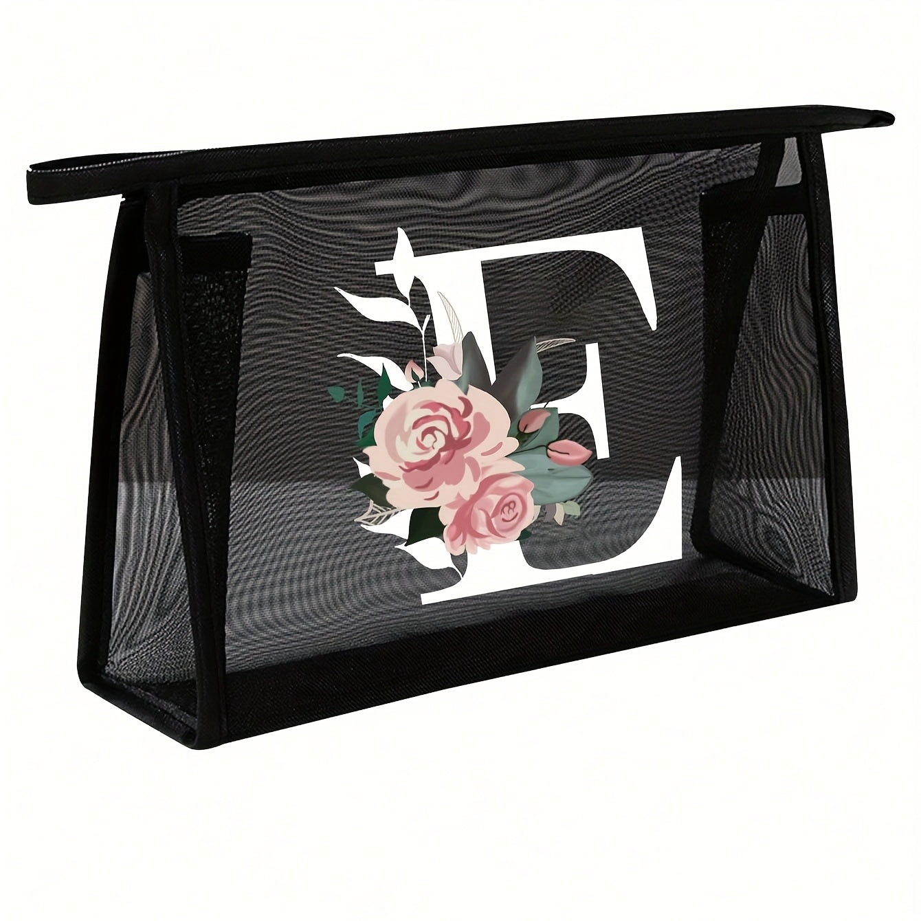1pc Black Mesh Toiletries Storage Bag | Large Capacity Pink Flowers With White Letters A-Z, Transparent Mesh, Multi-Functional Travel Portable Bag, Lipstick Skin Care Storage, Easy And High-End, Jewelry Storage, Foldable And Lightweight