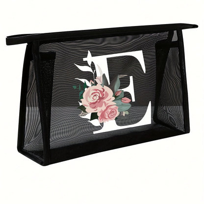 1pc Black Mesh Toiletries Storage Bag | Large Capacity Pink Flowers With White Letters A-Z, Transparent Mesh, Multi-Functional Travel Portable Bag, Lipstick Skin Care Storage, Easy And High-End, Jewelry Storage, Foldable And Lightweight