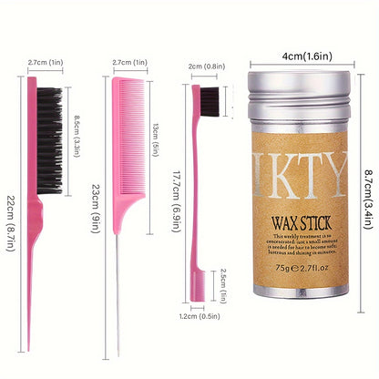 Wax Hair Stick - Slick Back Hair Brush Set, Hair Wax Stick For Hair, Edge Brush For Tame Frizz, Long Lasting, Moisturize, Unisex-adult, ≤300g, Shea Butter - 4pcs/Set, Comb and Edge Brush