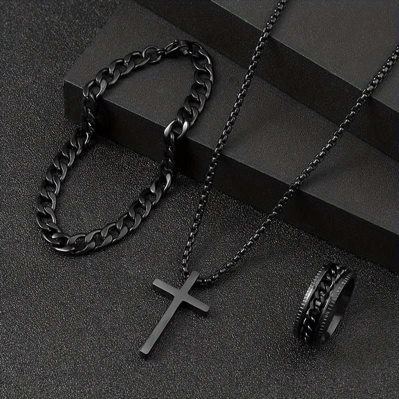 3pcs Stylish Versatile Dark Series Stainless Steel Cross Jewelry Set