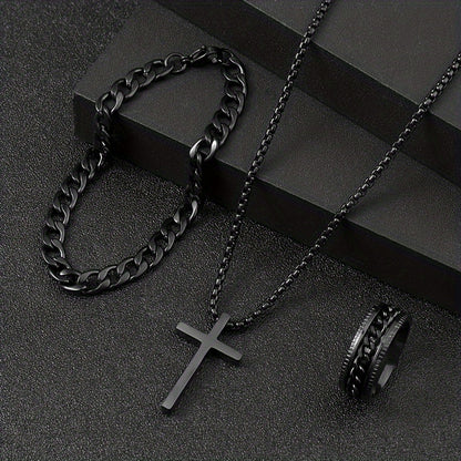 3pcs Stylish Versatile Dark Series Stainless Steel Cross Jewelry Set
