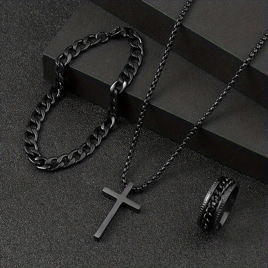 3pcs Stylish Versatile Dark Series Stainless Steel Cross Jewelry Set