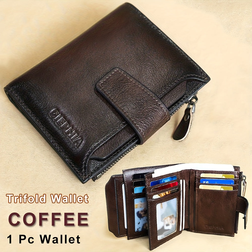 CIEPHIA Men's Vintage RFID Blocking Wallet - Genuine Leather -Theft Billfold with Zipper Coin Pocket, 14 Card Holder, 2 ID Window & SD/ SIM, 2 Driver ID Holder - Leather for Christmas Valentine's/Father's Day Gift for Men Set Includes a Greeting Card