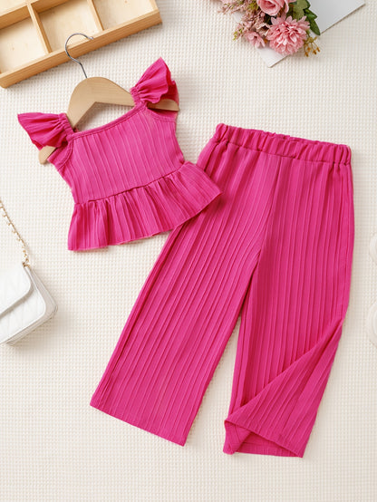 This Is a Stylish And Casual Two-Piece Set for Girls, Featuring a Sleeveless Top with a Butterfly Knot at The Back And Wide-Leg Pants, Perfect for Summer, for Outdoor