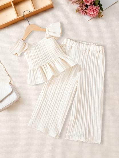 This Is a Stylish And Casual Two-Piece Set for Girls, Featuring a Sleeveless Top with a Butterfly Knot at The Back And Wide-Leg Pants, Perfect for Summer, for Outdoor