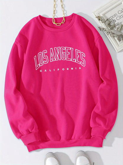 Los Angeles Print Preppy Sweatshirt, Long Sleeve Crew Neck Casual Sweatshirt For Winter & Fall, Women's Clothing