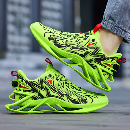 Men's Neon Green & Black Breathable Running Shoes - Shock-Absorbing TPU Sole, EVA Cushion, Lightweight Low-Top Sneakers with Striped Design for Gym, Jogging & Casual Wear, Sneakers, Sleek Sporty Design, Cushioned EVA Sole
