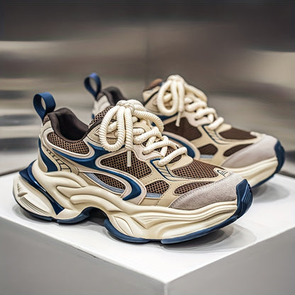 Men's Mesh Sneakers, Autumn/Winter Four-Season Style, Fashionable and Trendy, Thick-Soled Height-Increasing Casual Shoes, High-End Feel, Color-Blocked, Versatile, Lightweight, and Breathable