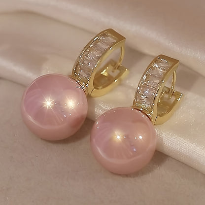 Copper Hoop Earrings with Pink Imitation Pearl Design, Elegant Simple Style for Women, Party Dating Jewelry