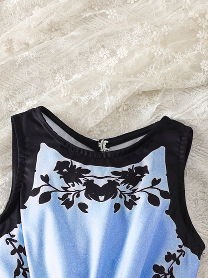 Girls' Summer Casual Fashion Sleeveless Elastic Waist Jumpsuit with Floral Digital Print, Back Button Closure, Wide-Leg Pants for Leisure and Vacation, Gift, Perfect for Outdoor
