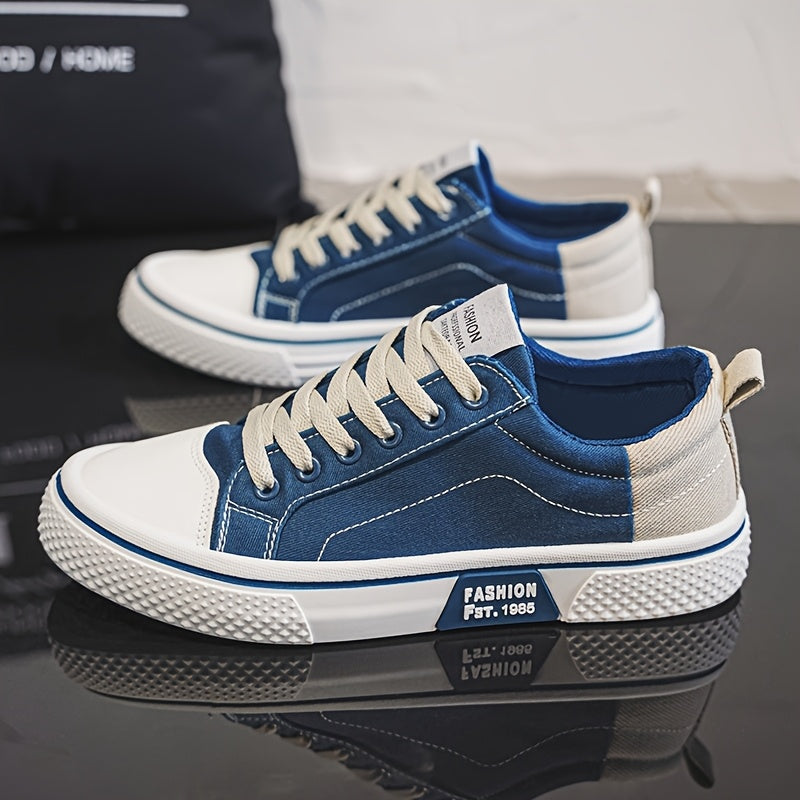 Men'S Casual sneakers - Stylish Blue And White Canvas Skate Shoes with Breathable Fabric Lining, Low-Top Lace-Up Design Suitable for All Seasons