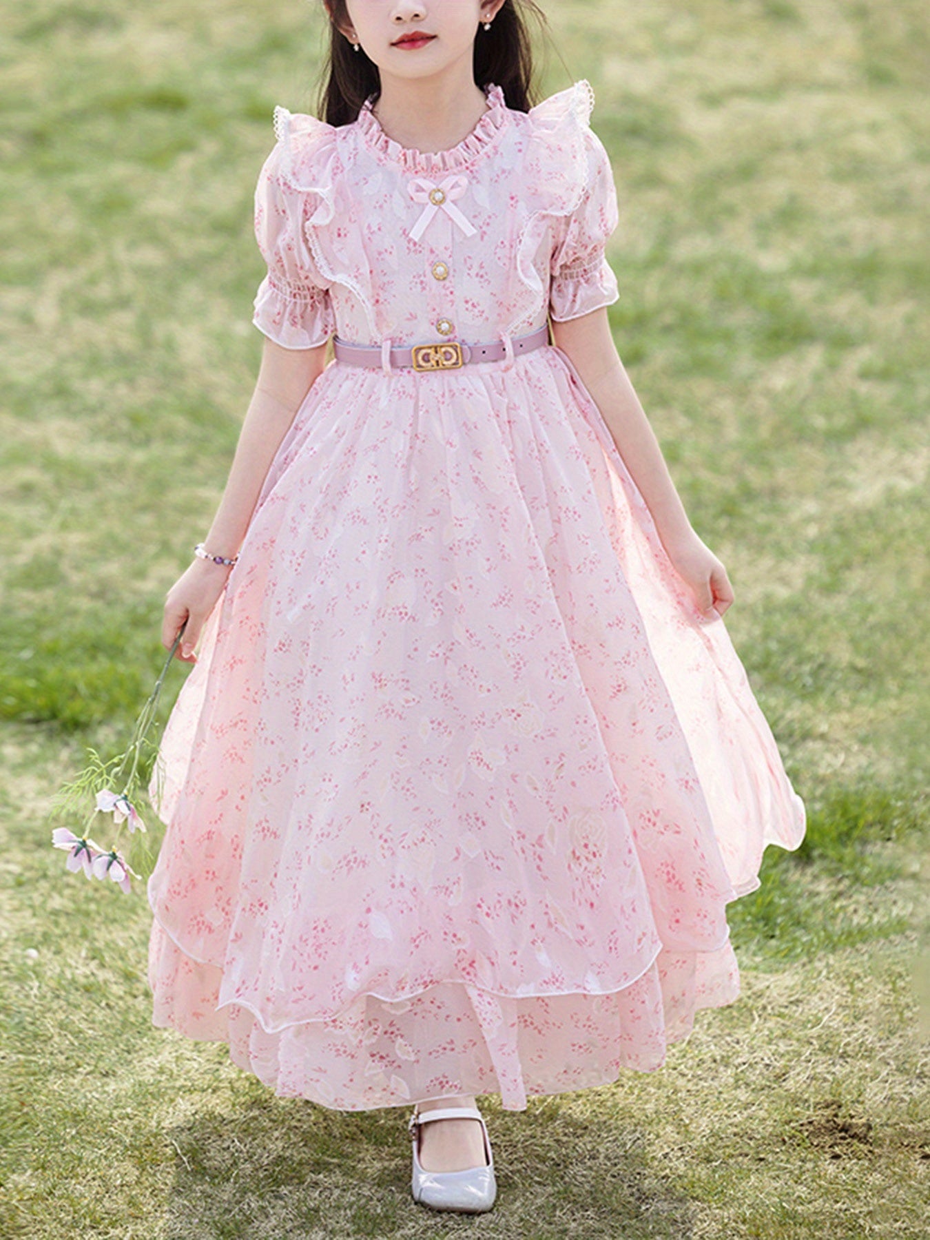 Girls' Long Floral Chiffon Princess Dress, a Trendy Outfit for Children Aged 7-14