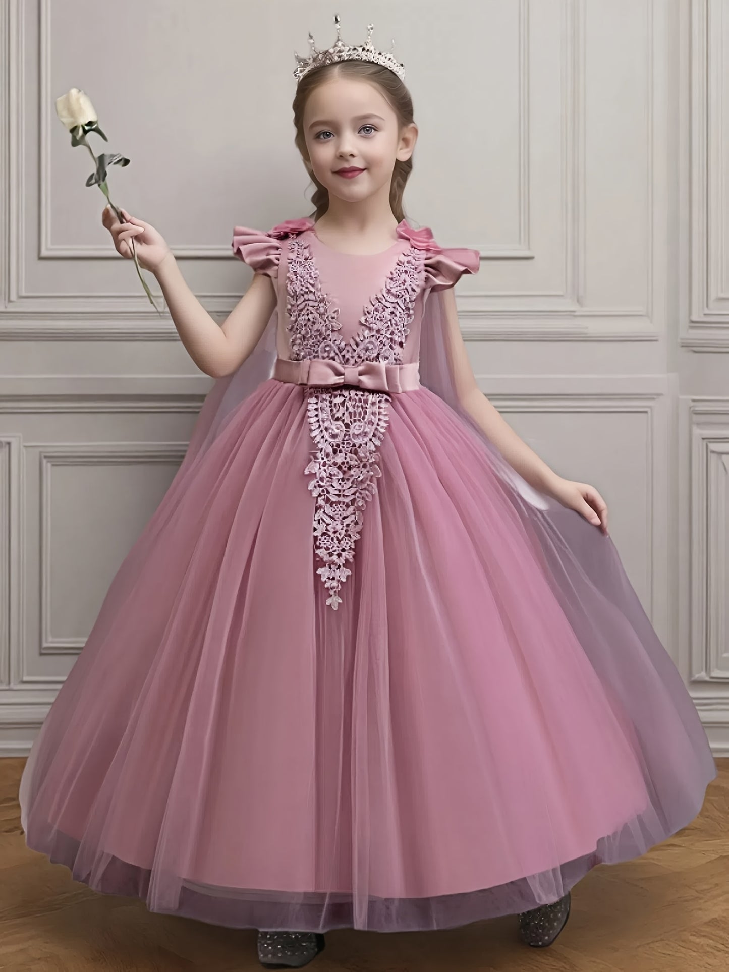 Fashionable Girl's Children's Dress, Medium to Large Size, Floral Pearl Wedding Dress, Flower Girl Performance Princess Dress, Floor-Length Style