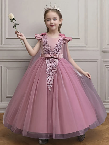 Fashionable Girl's Children's Dress, Medium to Large Size, Floral Pearl Wedding Dress, Flower Girl Performance Princess Dress, Floor-Length Style