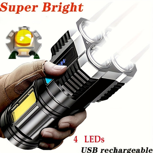 ANYICE 1pc LED Torch, IPX4 Strong 4 LED Flashlight with COB Side Light, 4 Modes USB Rechargeable LED Lantern, Flashlight with Built-In Battery, Camping Equipment