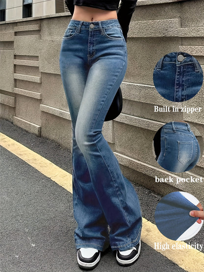 Women'S High-Stretch Retro Flare Jeans - Slim Fit Mid-Rise Bell Bottoms with Slant Pockets, Washed Blue Denim & Built-In Zipper, All-Season Casual Wear, High Waisted Jeans, Comfortable Fashion, Durable Fabric, Versatile Bottoms, Vintage Style, Quality Sti