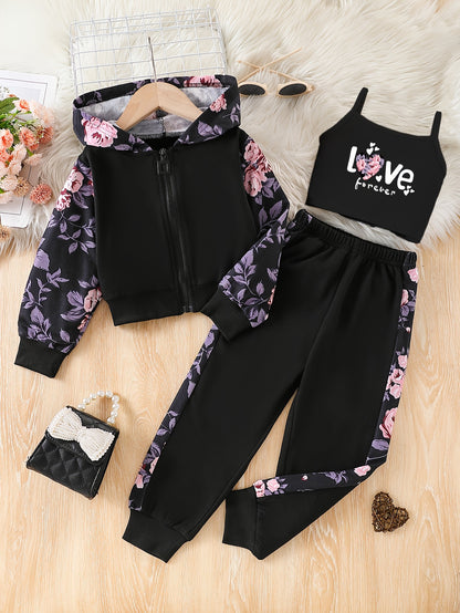 3pcs Set for Girls: Spring/Autumn Fashion Cartoon Flower and "Love" Letter Print Zipper Hooded Cardigan Jacket with Camisole Long Pants, New Cute Baby Children's Girls' Outdoor 3pcs Set, Perfect for Outdoor