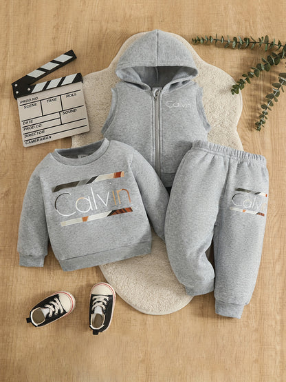 3pcs Set - Long-Sleeve Pullover Top for Babies in Autumn And Winter + Elastic Waist Long Pants + Vest - Street Style with "Calvin" Letter Print, Suitable for Outdoor Wear And Casual Outfits in The Fall And Winter
