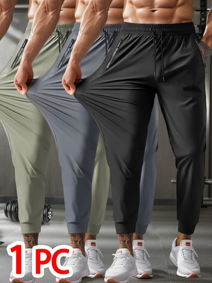 1pc Men'S Breathable Ice High-Elasticity Fabric Jogger with Drawstring Waist, Zipper Pockets - Casual Sports Cropped Pants for Weekend Wear, Solid Color, Regular Fit, Weekend Casual Wear| casual sporty style| drawstring Waistban