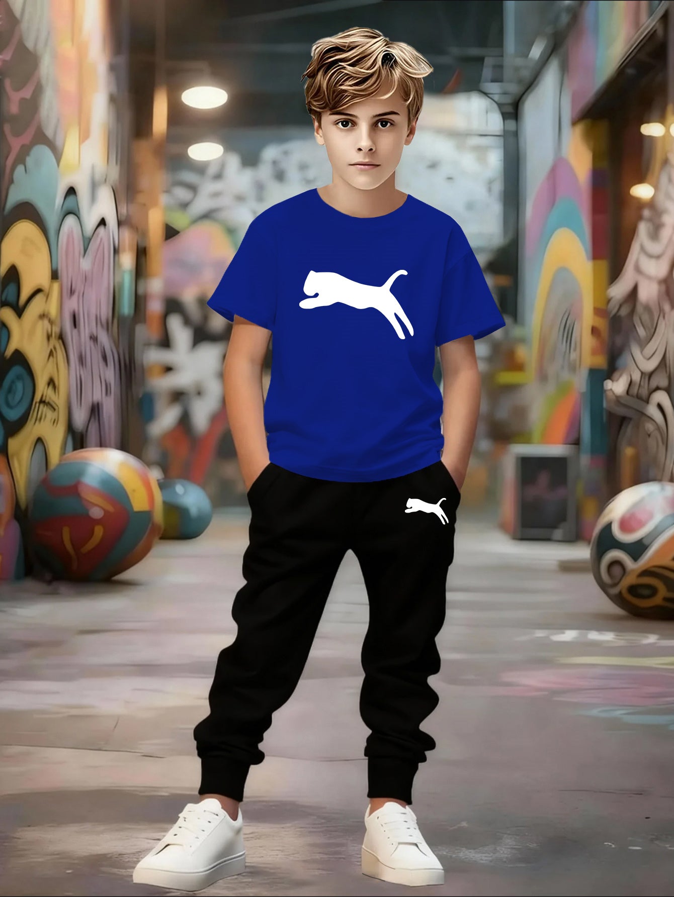 Spring/Summer New Boys' Short Sleeve + Thin Pants Set, Unique Geometric Pattern Design, Versatile Sportswear Set, Stylish and Comfortable, Slightly Stretchy Fabric, Regular Fit, Suitable for Outdoor Use, Perfect for Outdoor