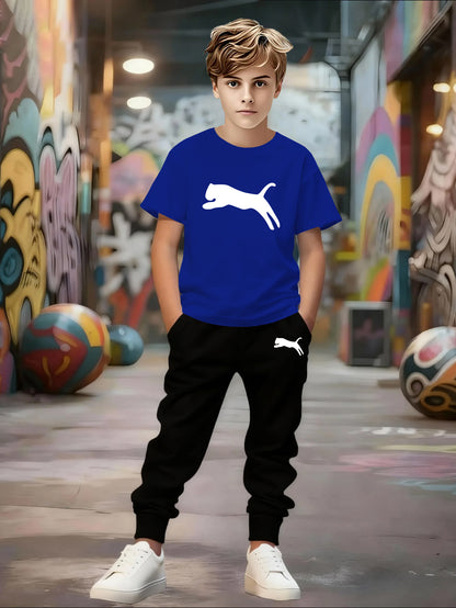 Spring/Summer New Boys' Short Sleeve + Thin Pants Set, Unique Geometric Pattern Design, Versatile Sportswear Set, Stylish and Comfortable, Slightly Stretchy Fabric, Regular Fit, Suitable for Outdoor Use, Perfect for Outdoor