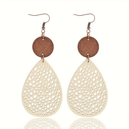 New Stylish And Versatile Vintage Teardrop-Shaped Hollow Leather And Wood Combination Mesh Earrings for Women, Featuring a Bohemian Ethnic Design