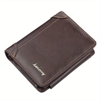 [Tri-Fold Wallet] Men's Wallet | 13 Card Slots | Faux Leather | Tri-Fold Buckle, Zipper Coin Purse | Short Vintage Style