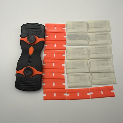 One Set, Adhesive Removal Scraper, Glass Scraper, 1 Pink Double-ended Scraper + 10 Metal Blades + 10 Plastic Blades, Car Film Application Tool, Scraper Tool Comes with 20 Razor Blades, for Windows, Cleaning, Stickers, Tinted Film, Decals