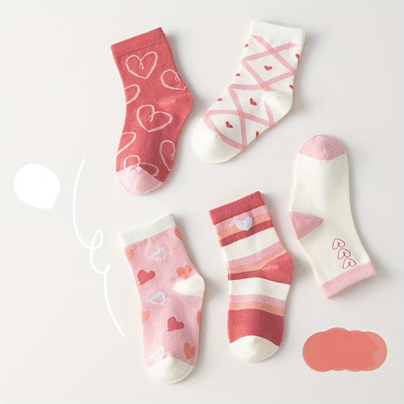 5 Pairs of Heart-Patterned Socks for Girls