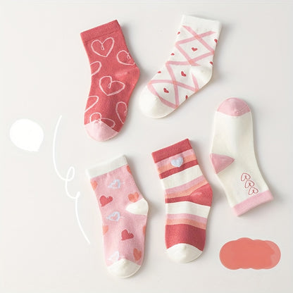 5 Pairs of Heart-Patterned Socks for Girls