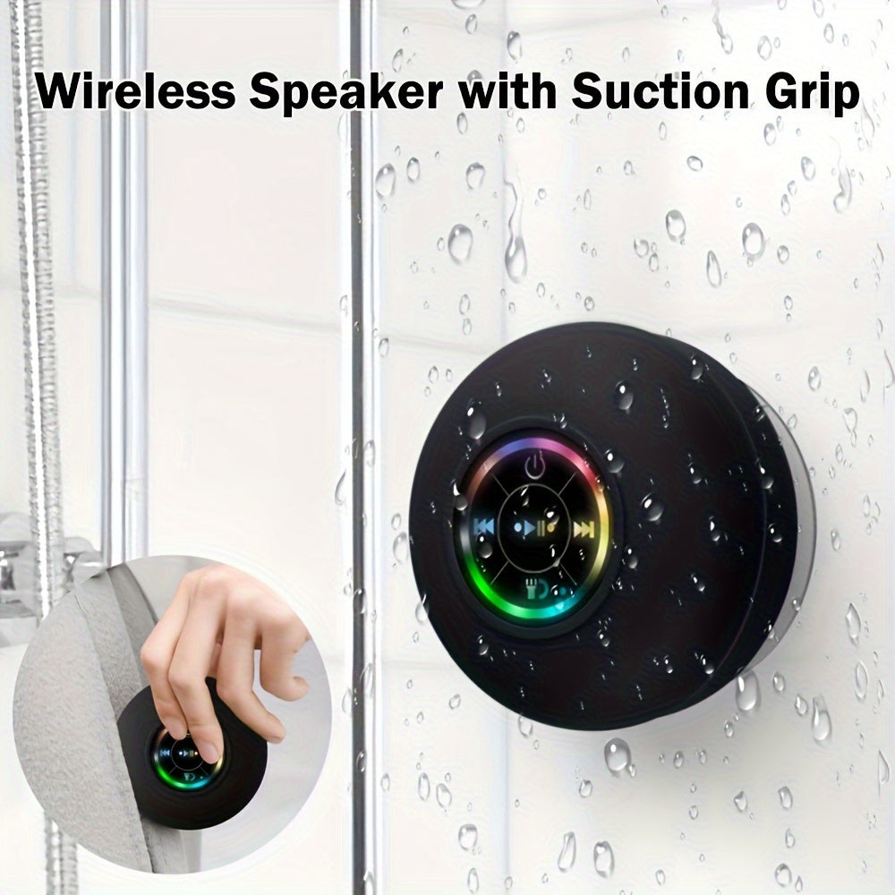 Mini LED Bathroom Speaker, Compact Wireless Speaker with USB Charging, Battery, Button Control, And a Large Suction Cup Included