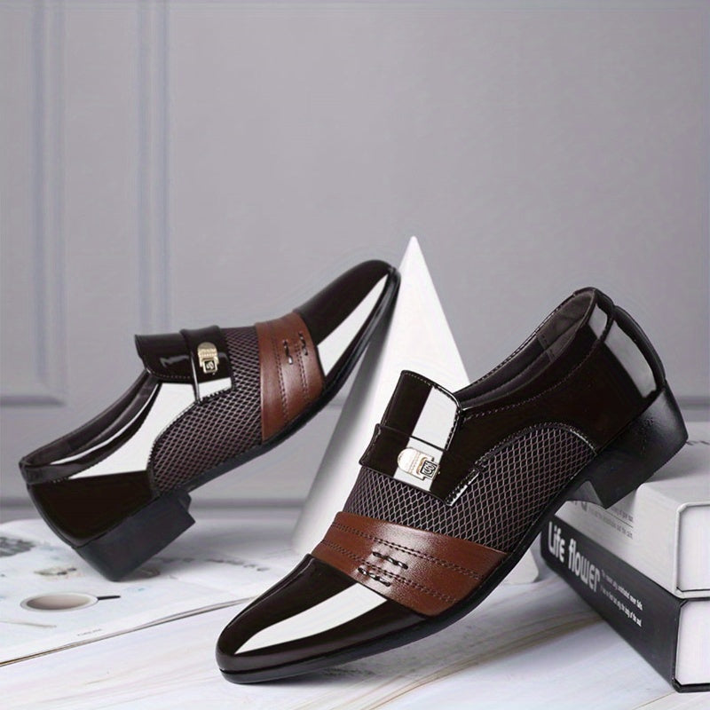 Men'S Plus Size Luxury Faux Dress Shoes - Black & White Contrast Design, Ankle Boots with Golden-Tone Buckle, Round Toe, Lace-Up Closure for Weddings, Parties, and Office Wear, Wedding Shoes, Party Footwear, Sophisticated Style, Durable Rubber Sole