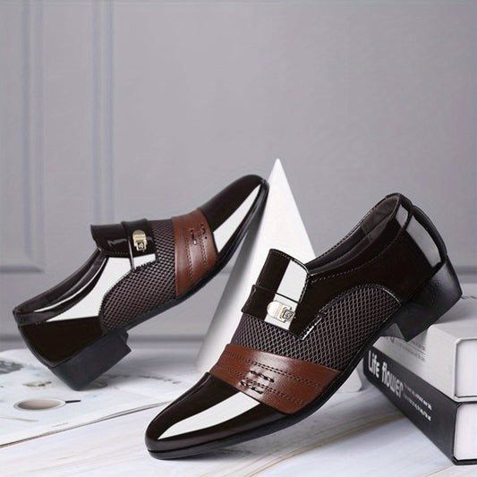 Men'S Plus Size Luxury Faux Dress Shoes - Black & White Contrast Design, Ankle Boots with Golden-Tone Buckle, Round Toe, Lace-Up Closure for Weddings, Parties, and Office Wear, Wedding Shoes, Party Footwear, Sophisticated Style, Durable Rubber Sole