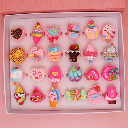 10 Colorful Cartoon Rings for Kids, Party Gifts Featuring Sweet Donut Ice Cream Rings, Sent Randomly (No Box Included)