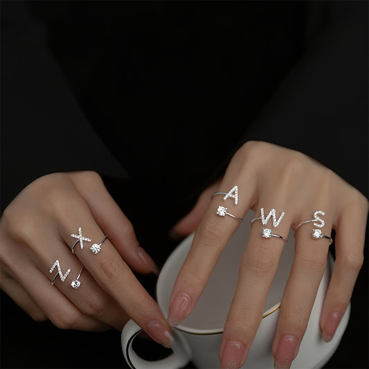 Elegant Adjustable Alphabet Ring | Chic Alloy with Glass Accents | Perfect for Daily Wear & Gifting on Mother's Day or Christmas