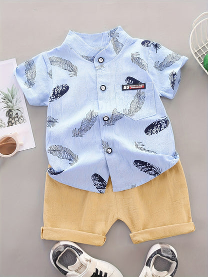 [Vibrant Boys' Set] 2pcs Vibrant Yellow Boys' Casual Feather Print Short Sleeve Shirt and Shorts Set | Button-Up Collared Shirt & Matching Shorts, Perfect for Spring/Summer, Baby Boy Outfit, Nonstretch Fabric, for Outdoor
