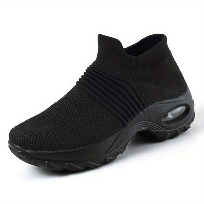 Women'S Air Cushion Sole Sneakers, Lightweight Knit Slip on Shoes, Breathable Running Shoes