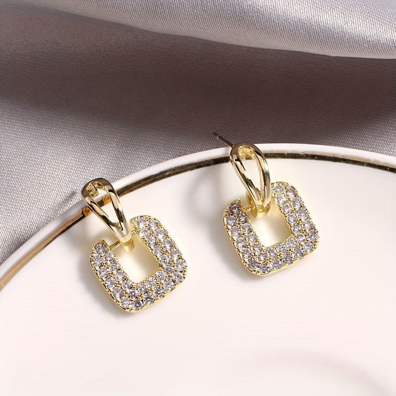 Trendy New Personalized Versatile Square Geometric Earrings with Full Rhinestones