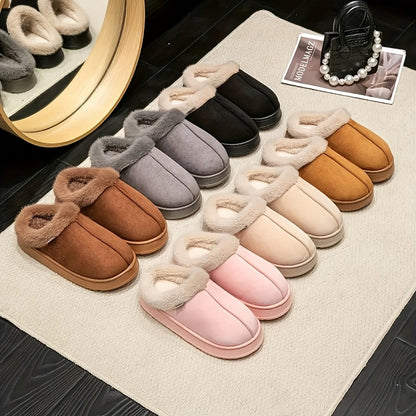 Fashionable And Elegant Short-Haired Plush Warm Thick-Soled EVA Slippers with a Color-Matched Sole., Women Shoes