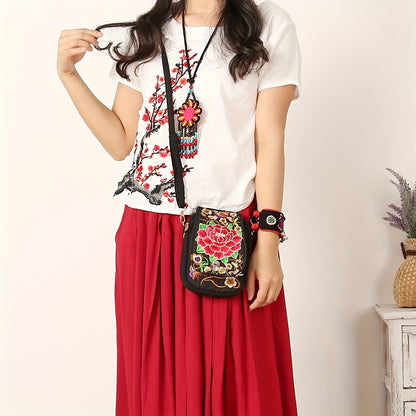 [Embroidered Crossbody Bag] Women's Embroidered Crossbody Bag - Mini Shoulder Bag - Portable Double-Layer Wallet - Phone Pouch