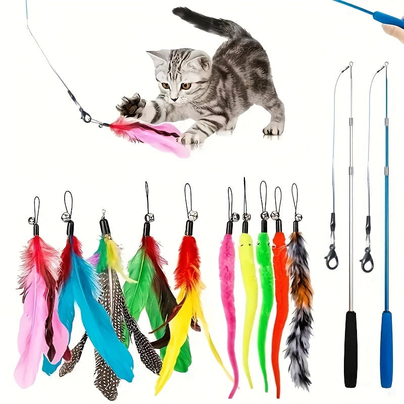 A Set of 12 Colorful Feather Cat Toys Including Fishing Rods, Fuzzy Caterpillars, Bells, And Interchangeable Heads for Teasing Cats, Without Battery